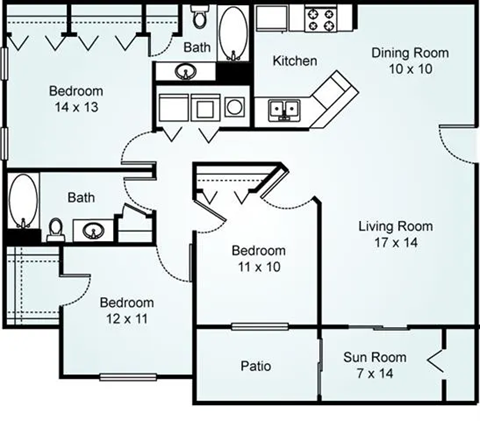 Floor plan for 3 beds, 2 baths, 1428 sqft