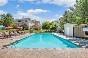 Lehi apartment for rent - Outdoor swimming pool with lounge seating and shade umbrellas at Mayflower Harbor at Pilgrims Landing Apartments, Lehi, UT 84043