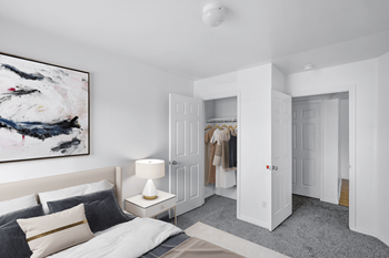 Walk-in closet in bedroom with neutral decor