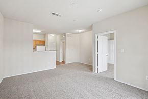 Denton apartment for rent - A spacious room with a carpeted floor and a door on the right side.