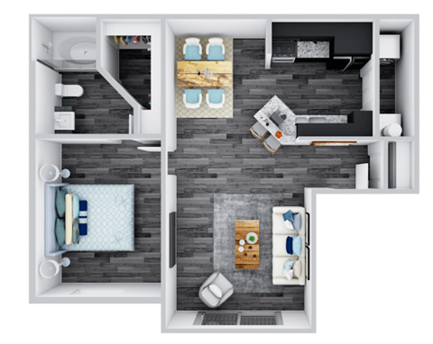 Floor plan for 1 bed, 1 bath, 748 sqft