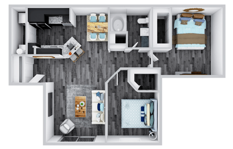 Floor plan for 2 beds, 1 bath, 909 sqft