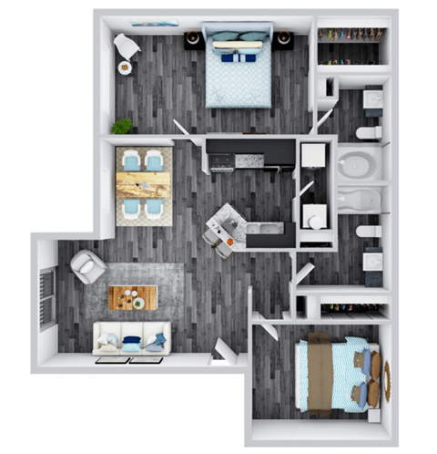 Floor plan for 2 beds, 2 baths, 966 sqft