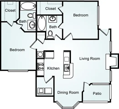 Floor plan for 2 beds, 2 baths, 1060 sqft