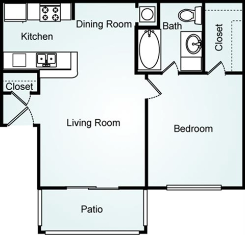 Floor plan for 1 bed, 1 bath, 690 sqft
