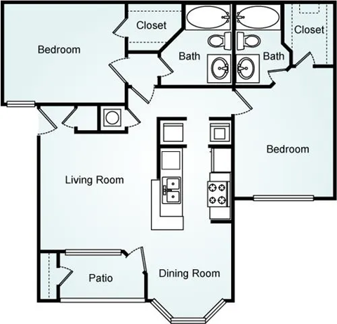 Floor plan for 2 beds, 2 baths, 1070 sqft