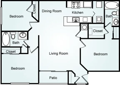 Floor plan for 3 beds, 2 baths, 1220 sqft