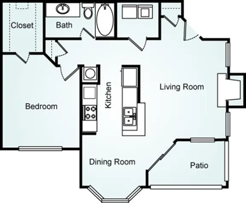 Floor plan for 1 bed, 1 bath, 800 sqft