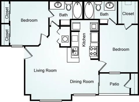 Floor plan for 2 beds, 2 baths, 960 sqft
