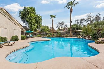 Freeform swimming pool with spa and tropical palms