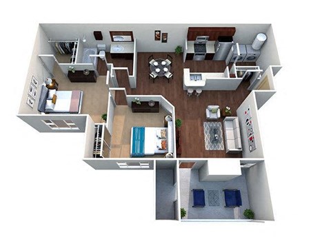 Floor plan for 2 beds, 1 bath, 892 sqft