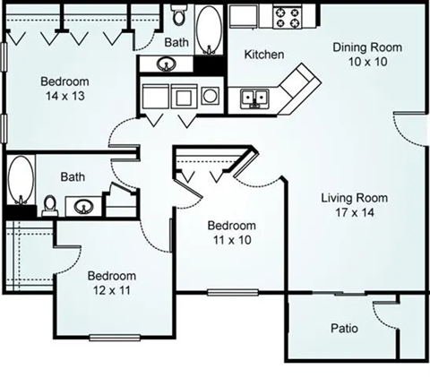 Floor plan for 3 beds, 2 baths, 1355 sqft