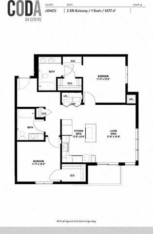Floor plan for 2 beds, 2 baths, 1077 sqft
