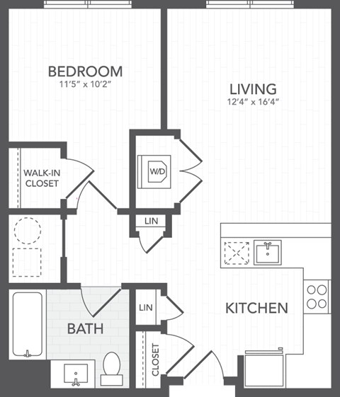 Floor plan for 1 bed, 1 bath, 750 sqft