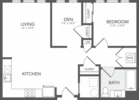 Floor plan for 1 bed, 1 bath, 888 sqft