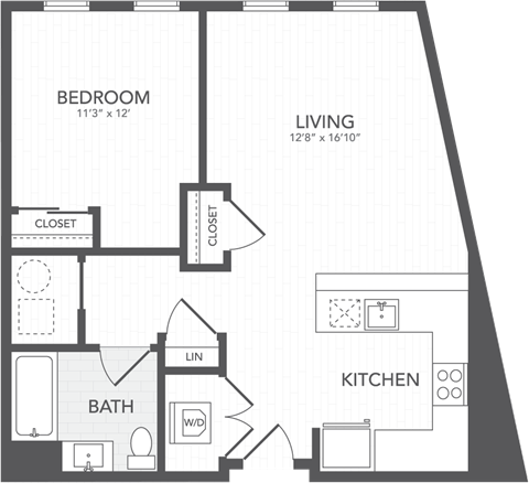 Floor plan for 1 bed, 1 bath, 794 sqft