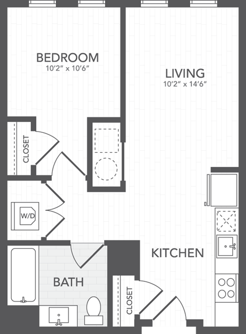 Floor plan for 1 bed, 1 bath, 640 sqft