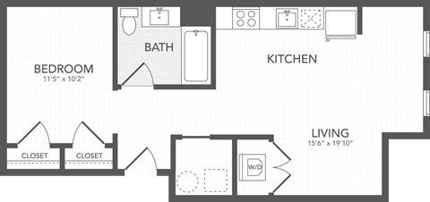 Floor plan for 1 bed, 1 bath, 648 sqft