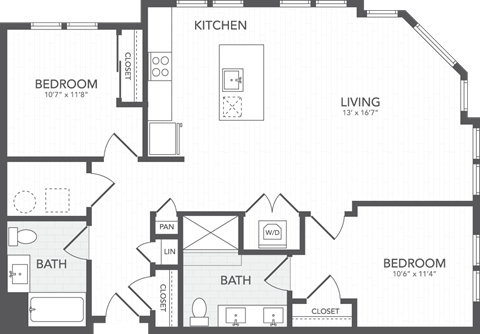 Floor plan for 2 beds, 2 baths, 1250 sqft