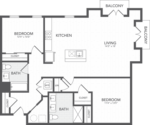 Floor plan for 2 beds, 2 baths, 1254 sqft