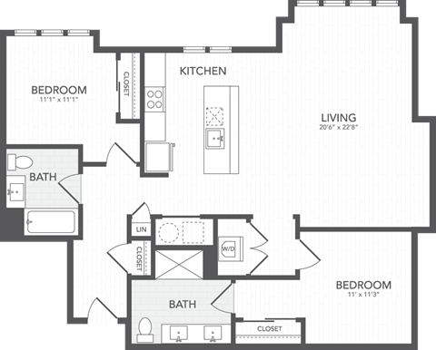 Floor plan for 2 beds, 2 baths, 1288 sqft