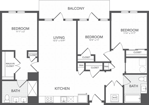 Floor plan for 3 beds, 2 baths, 1340 sqft