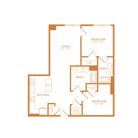 Floor plan for 2 beds, 2 baths, 899 sqft