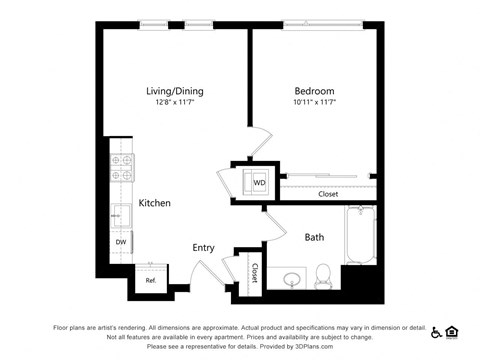Floor plan for 1 bed, 1 bath, 620 sqft