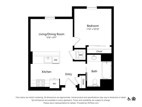 Floor plan for 1 bed, 1 bath, 577 sqft