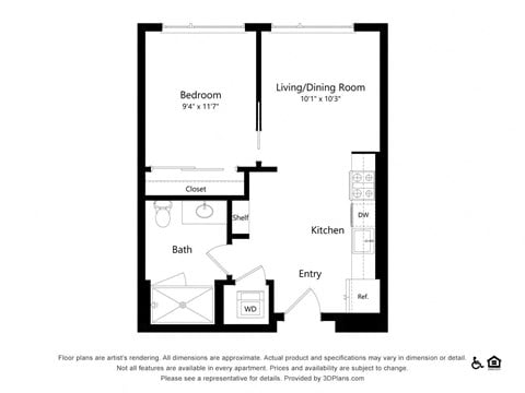 Floor plan for studio, 1 bath, 562 sqft