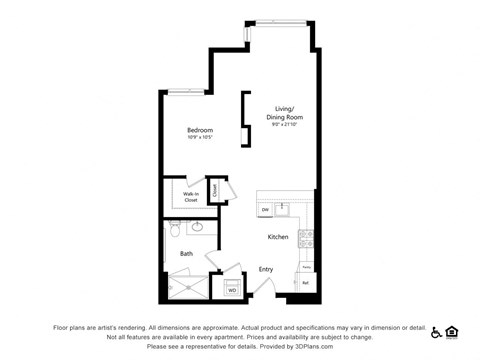 Floor plan for studio, 1 bath, 701 sqft