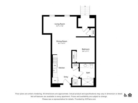 Floor plan for studio, 1 bath, 685 sqft