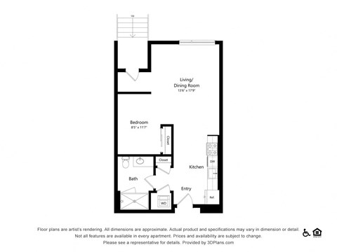 Floor plan for studio, 1 bath, 655 sqft