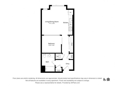 Floor plan for 1 bed, 1 bath, 685 sqft