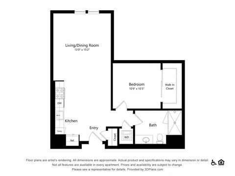 Floor plan for 1 bed, 1 bath, 746 sqft