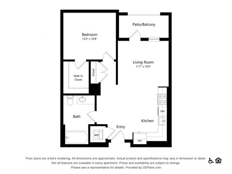 Floor plan for 1 bed, 1 bath, 701 sqft