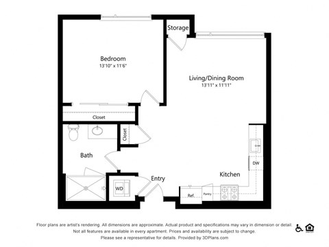 Floor plan for 1 bed, 1 bath, 747 sqft