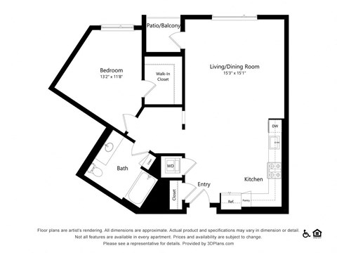 Floor plan for 1 bed, 1 bath, 888 sqft