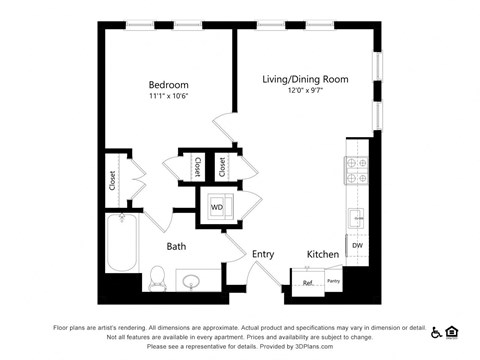 Floor plan for 1 bed, 1 bath, 609 sqft