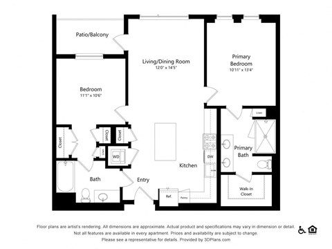Floor plan for 2 beds, 2 baths, 1046 sqft