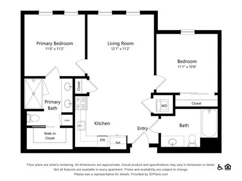 Floor plan for 2 beds, 2 baths, 881 sqft
