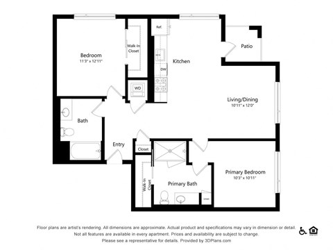Floor plan for 2 beds, 2 baths, 1043 sqft