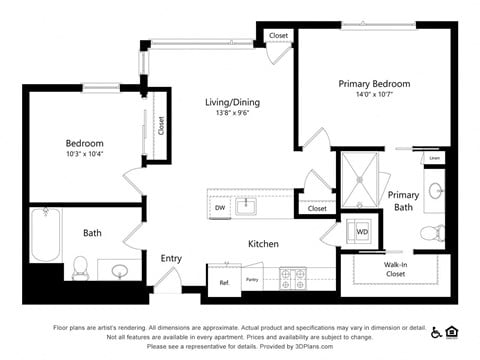 Floor plan for 2 beds, 2 baths, 948 sqft
