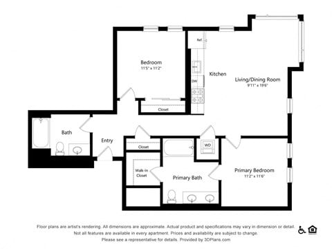 Floor plan for 2 beds, 2 baths, 1062 sqft