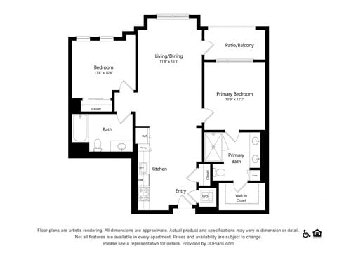 Floor plan for 2 beds, 2 baths, 1106 sqft