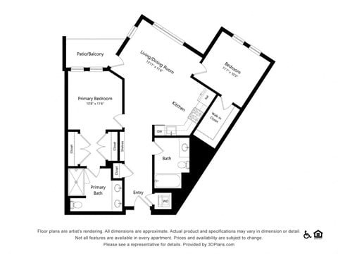 Floor plan for 2 beds, 2 baths, 1044 sqft