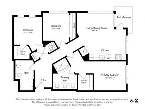 Floor plan for 3 beds, 2 baths, 1248 sqft