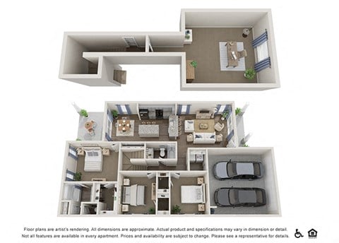 Floor plan for 4 beds, 2 baths, 1850 sqft