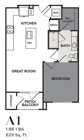 Floor plan for 1 bed, 1 bath, 629 sqft