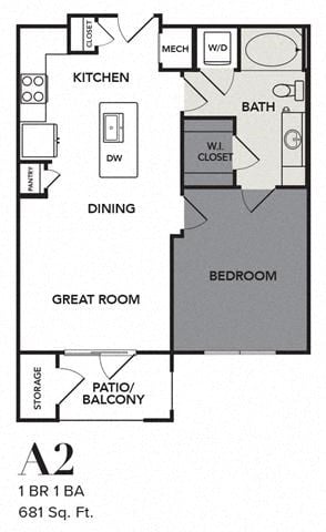Floor plan for 1 bed, 1 bath, 681 sqft